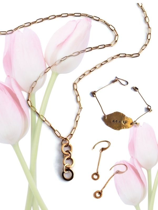 bronze artisan jewelry& pink tulips
